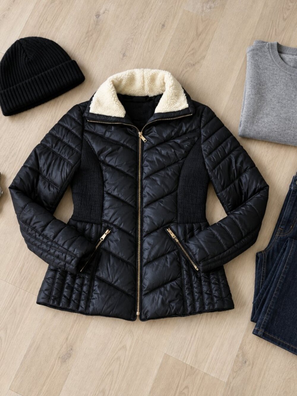 ✨LA Coalition Black Quilted Puffer Jacket Gold Zip Sherpa Collar Plaid Lined S✨